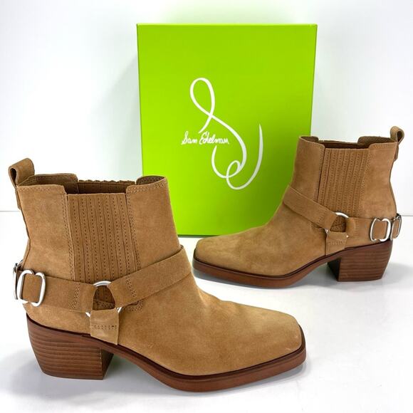 Sam Edelman Bellamie Women Camel/Tan Western Ankle Boot Sz 7.5 Suede Harness New - Picture 10 of 15